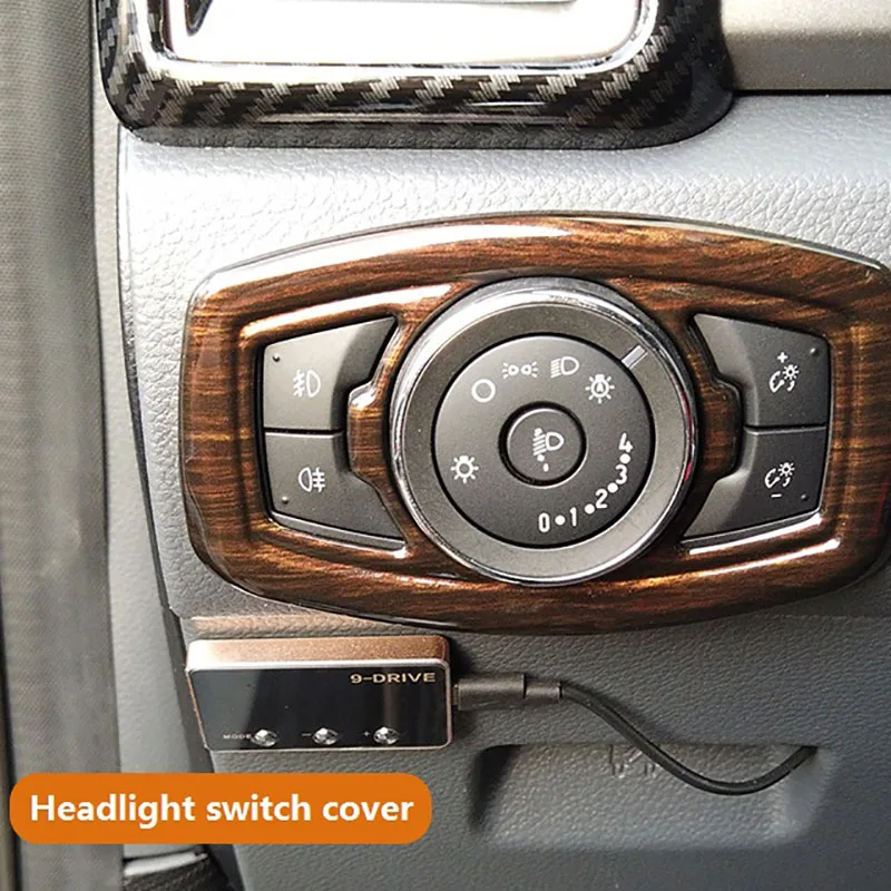 For Ford Ranger Everest Endeavor 2015+ Car Headlight Switch Button Cover Trim Frame Decorator Accessories, Wood Grain