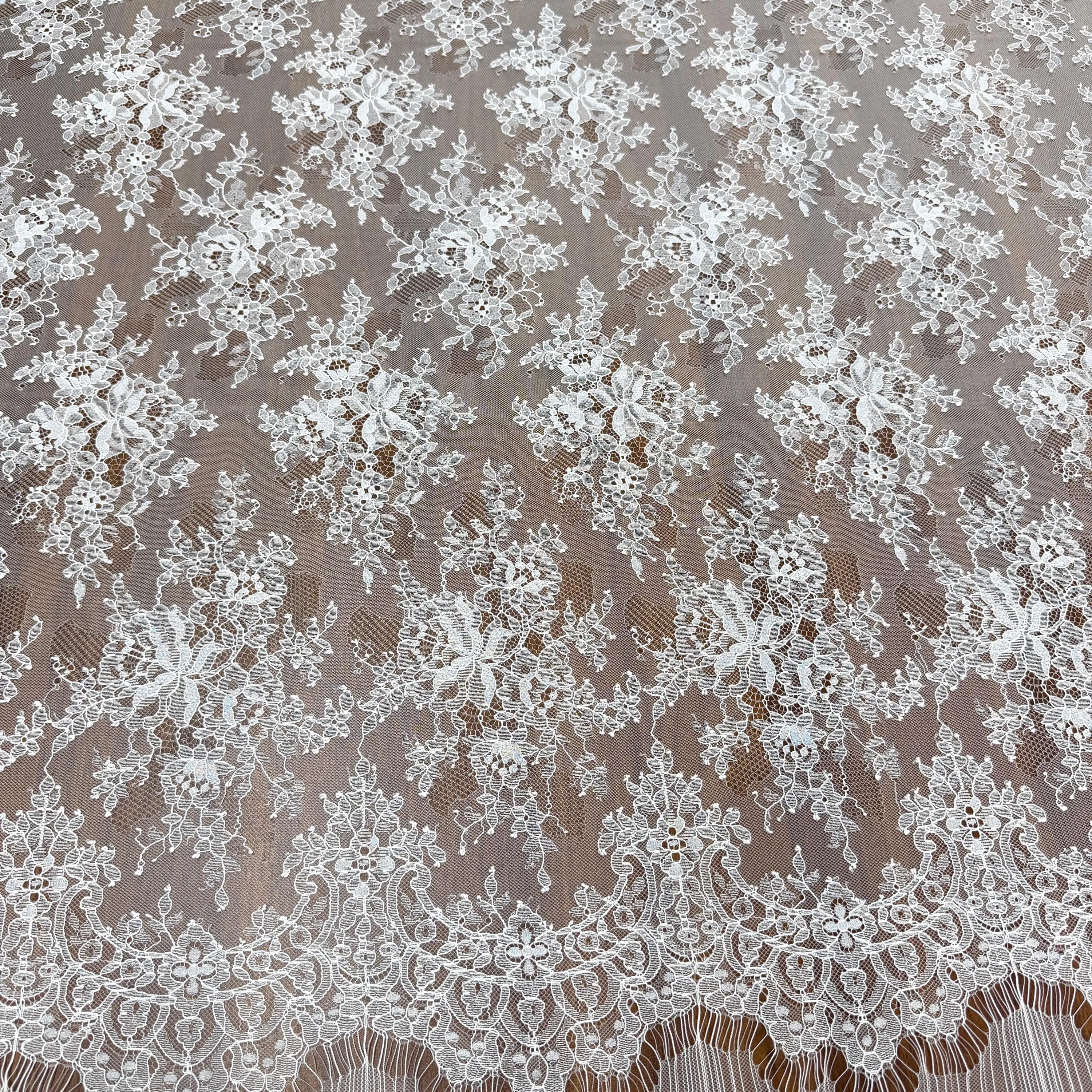 Bridal Gown Veil Eyelash Chantilly Lace Fabric, Off-White Floral Embroidery Fabric, 3 Meters
