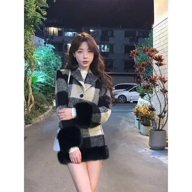 Korean Plaid Plush Patchwork Jacket Skirt Two-piece Set Women Fashion Lapel Temperament Fashion Soft Glutinous Slim Winter Suit