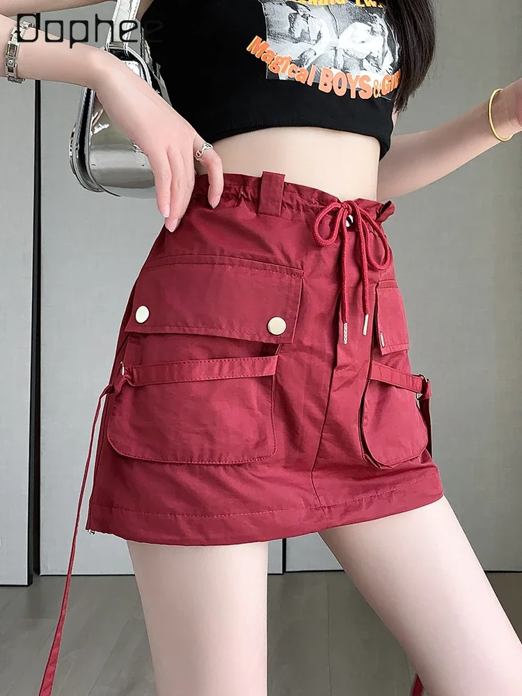 Hot Girl Cargo Mini Skirt Red A Line Drawstring Big Pocket Hip Wrap Skirt Casual Female Fashion Streetwear Sexy Gray Black