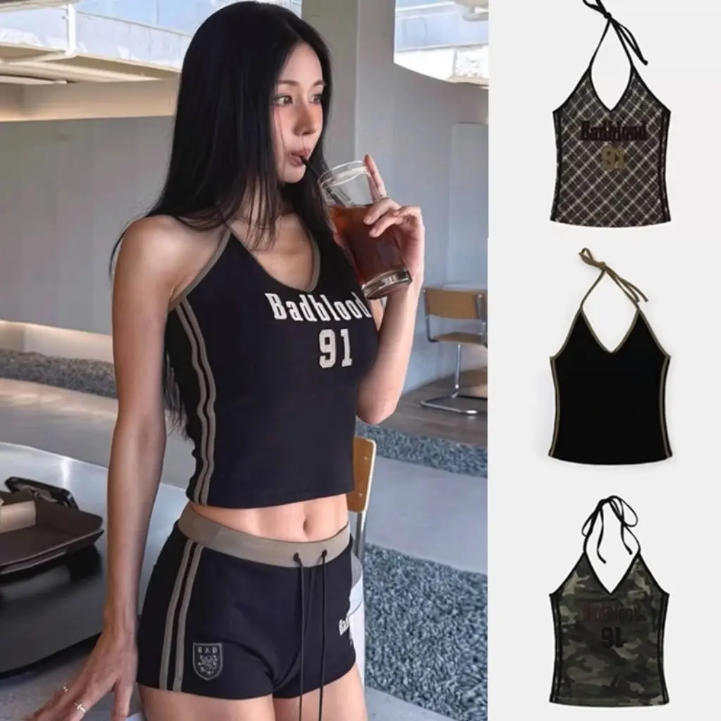 

Корейская серия Badblood Bcac, женский однотонный жилет с воротником-халтер, топ, сексуальное желание, нишевая модная летняя одежда