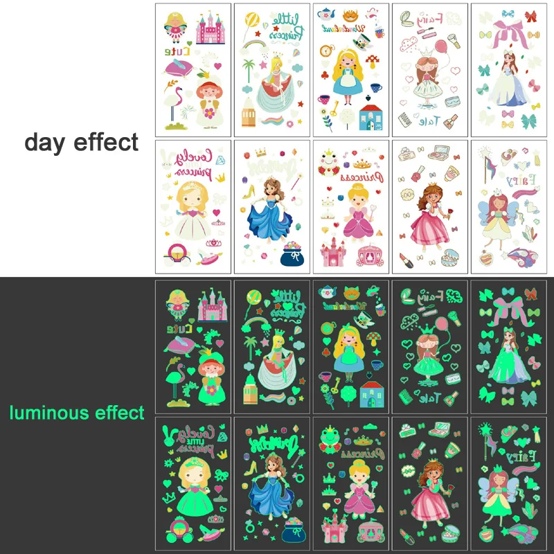 10 Sheets/Set Luminous Tattoo Stickers for Children's Cartoon Face Arm Body Waterproof Temporary Tattoo Creative Kids Gifts