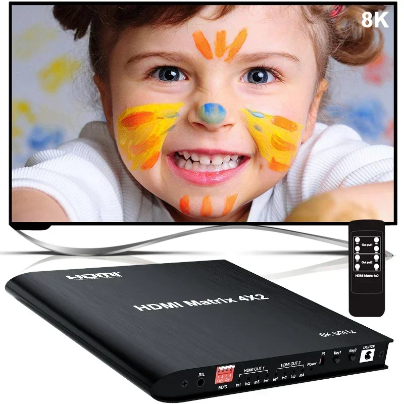 8K 4x2 HDMI2.1 Matrix Video Distributor Switch 4K 120Hz HDR HDMI Splitter 4 in 2 Out Switcher for Camera Laptop PC To TV Monitor