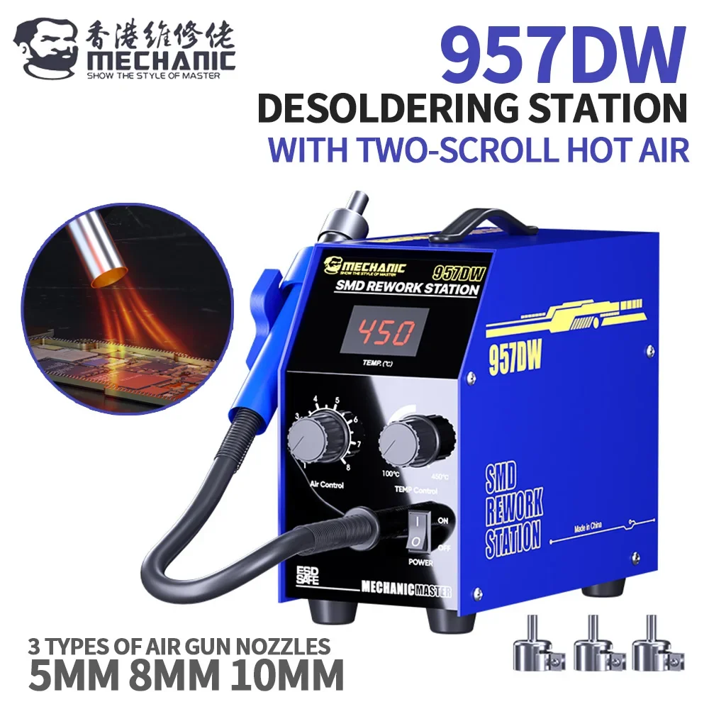 MECHANIC 957DW Dual Eddy Current Hot Air Rework Station with 5/8/10mm Air Gun Nozzle for Mobile Phone Repair PCB Rework Tool