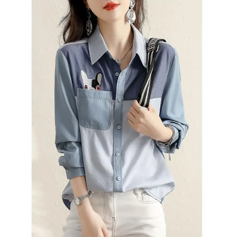 Fashion Color Matching Pocket Single-breasted Blouse Women New Classic Long Sleeve Polo Collar Blue Spring Autumn Shirt 2023