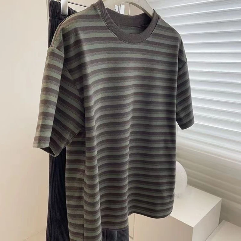 

150kg Wear 2xl Summer Loose Green Black Striped Short Sleeve Men Fashion Casual Oversized Tshirt Vintage Clothes Trend Euro Size