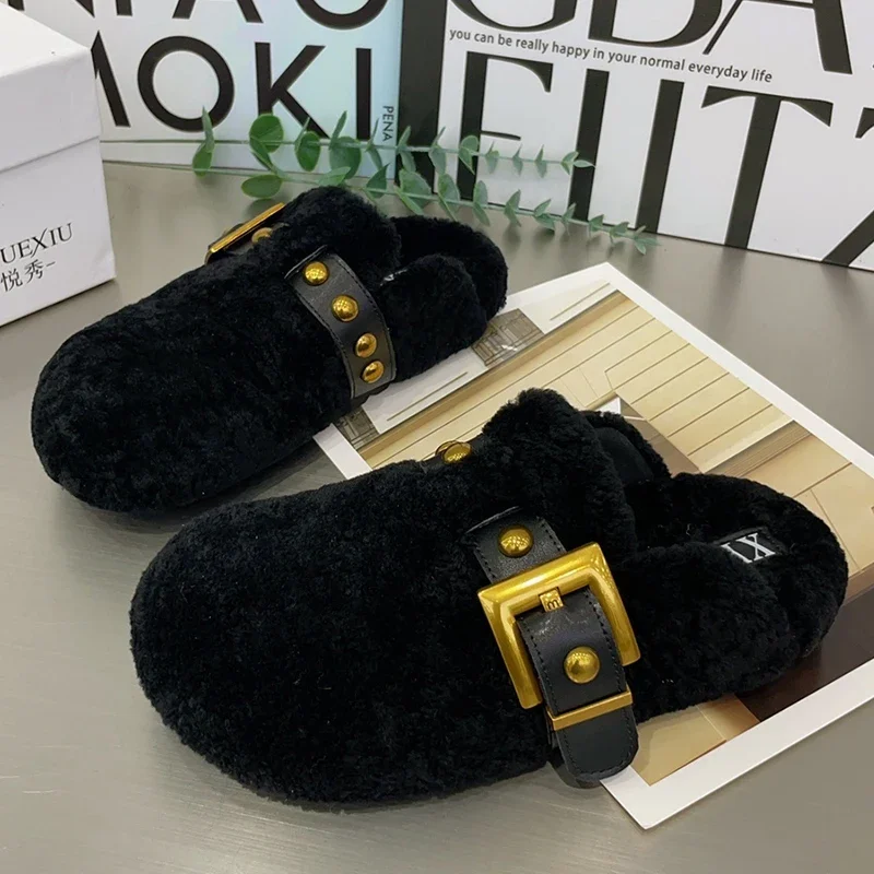 

Fur Women's Cotton Slippers Flats Fashion Slingback Mules Shoes Short Plush Winter Snow Boots 2025 Casual Warm Female Zapatos