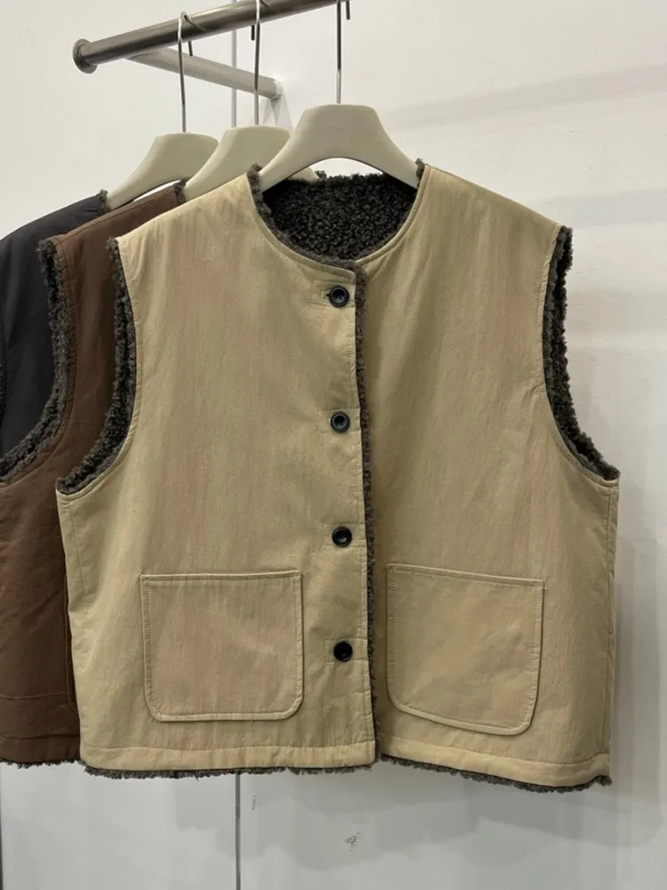 

Casual round Ne Svel Fce Lined Vest with ket Single Button oulder Biker Sle Women's Vest Autumn Winter New ...