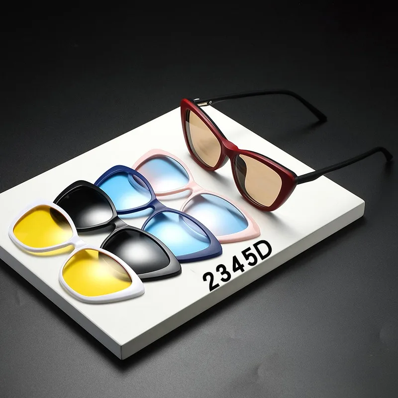 Eyeglasses Frame Women With 5 PCS Clip On Polarized Sunglasses Spectacle Magnetic Glasses Male UV400 Eyeglasses 2345D