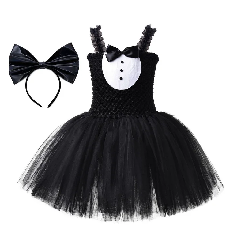 Halloween Animal Cat Girls Tutu Dress With Bow Headband Kids Cosplay Costumes Dresses Performance Birthday Jungle Party Clothes