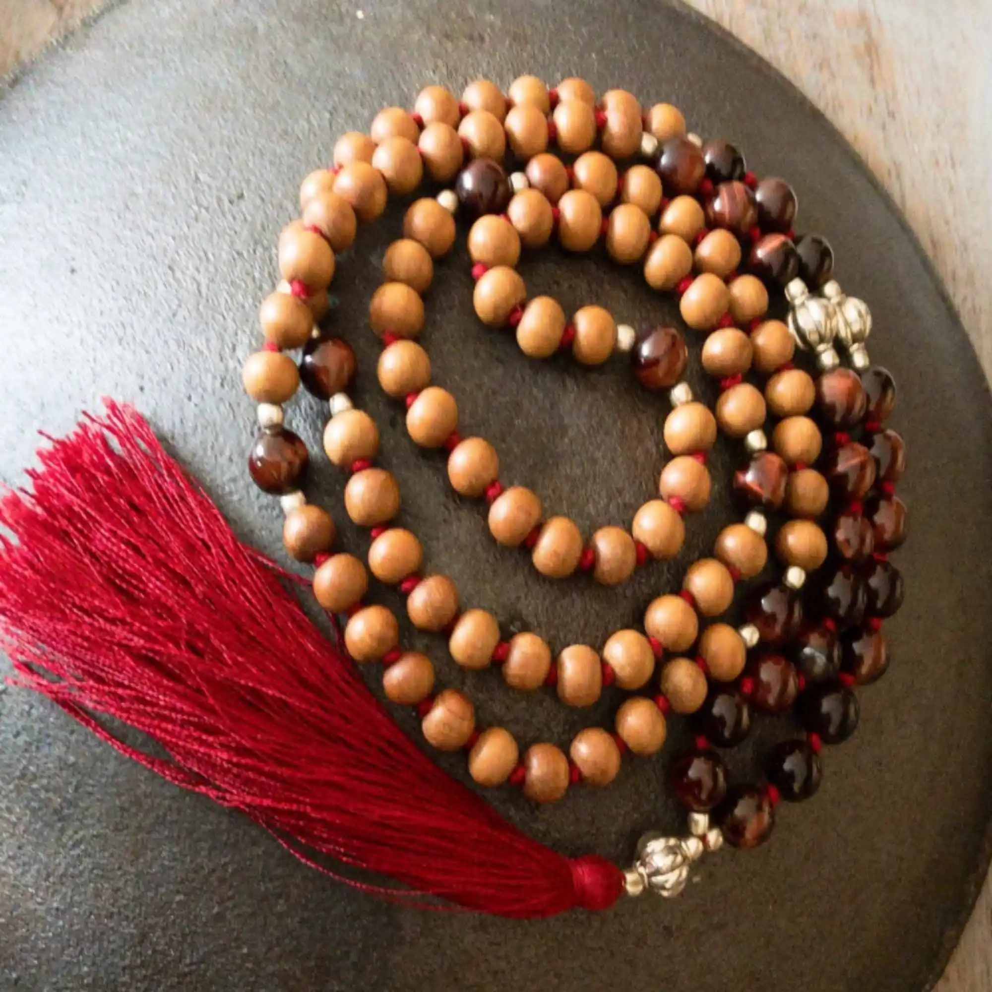 8mm Natural knot Sandalwood Red Tiger Eye beads necklace Dark Matter Handcrafted Buddhist Jasper Relief Stress Calming Mala