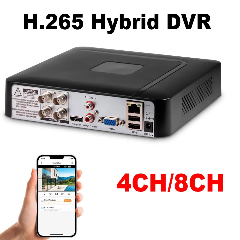 Mini DVR de Vigilancia CCTV de 4/8 Canales, 5MP, H.265+, Compatible con Cámaras AHD/TVI/IP, Vigilancia Doméstica con Acceso Móvil/PC (Sistema P)