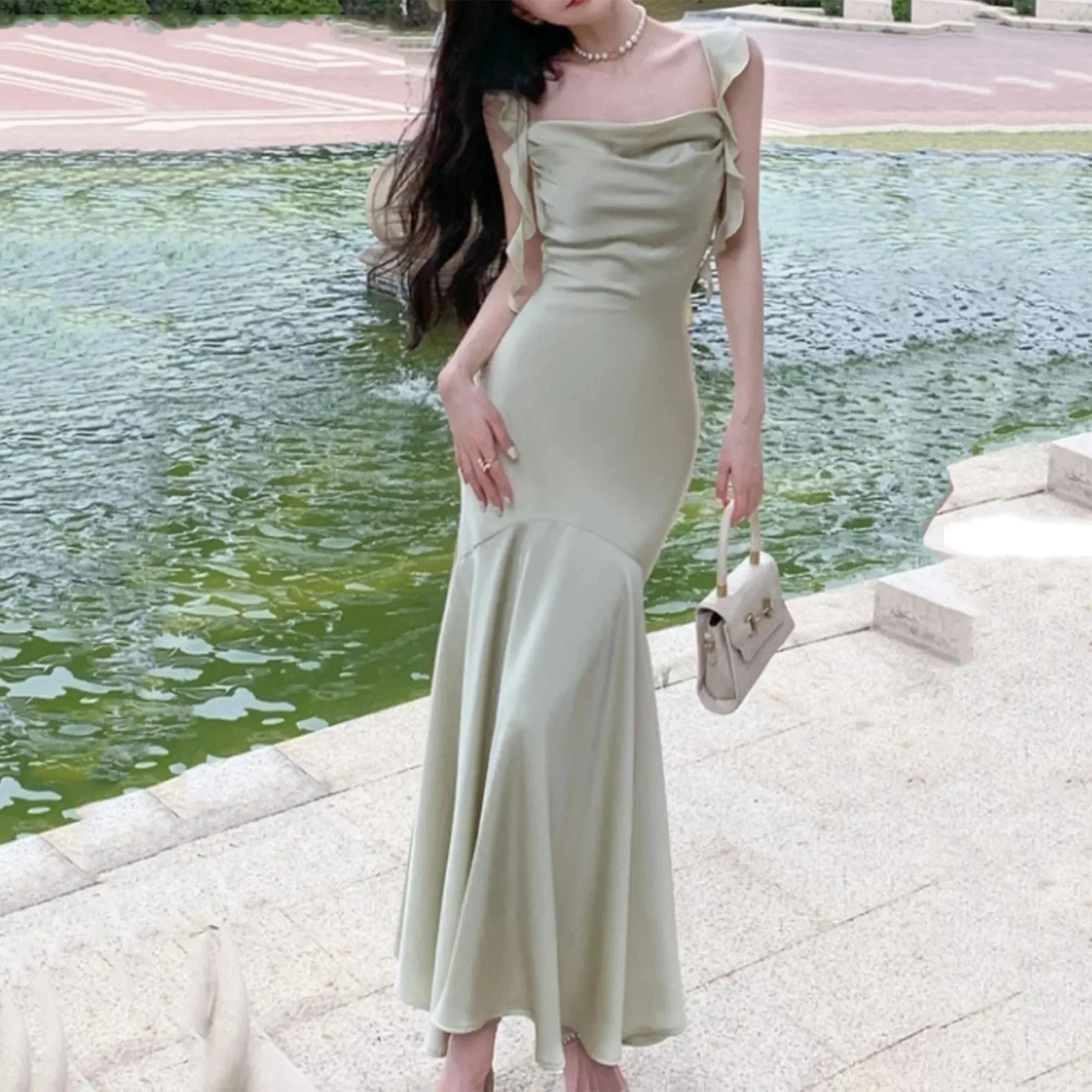 Women Dresses Summer French Elegant Solid Bodycon Mermaid New Fashion Strap Ruffles beach Vestido Wedding Party Frock Clothing