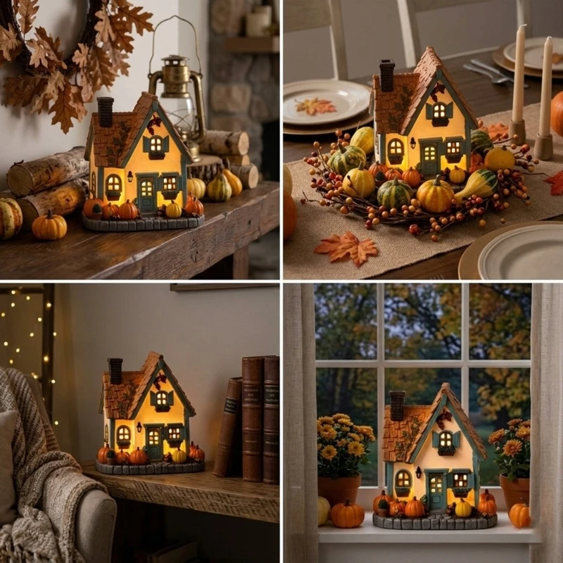  Fall Pumpkin Cottage Table Decors Resin Mini Village House Statue with LED Light