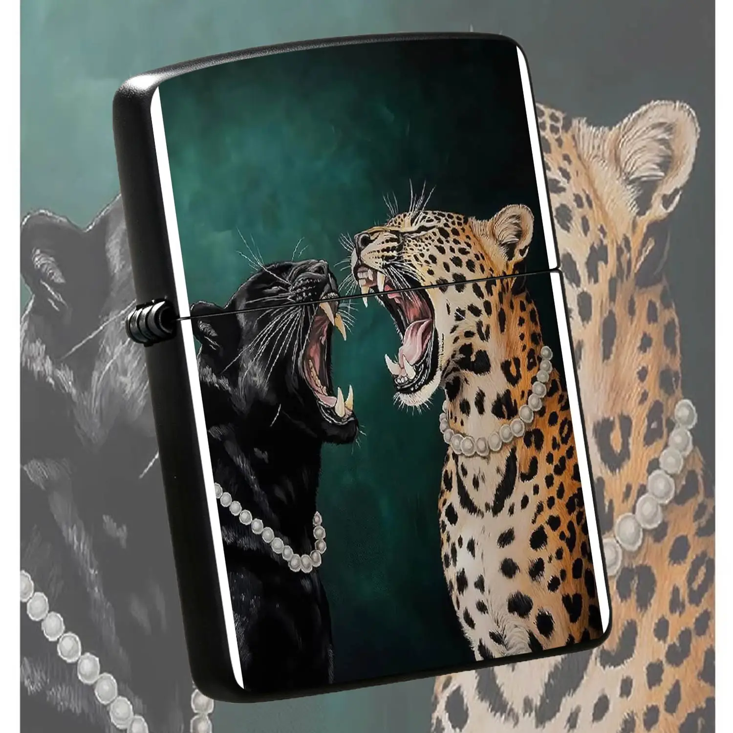 Vintage Aesthetic Lighter With Artistic Black Panther Leopard Print Wearing Pearl Necklace, Stylish Eye-Catching Decorative Pattern Portable Lighter, Ideal For Daily Carrying, Gifting To Friends, Matching Different Occa A Humorous And Inter