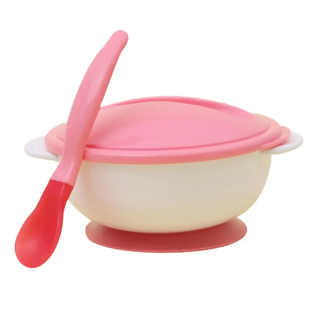 Baby Toddler Anti Slip Suction Bowl with Temperature Spoon Lid Feeding Tableware