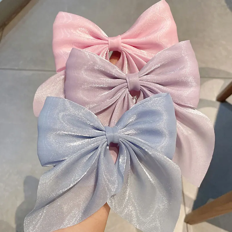 Big Bow Hairpins Pearlescent Satin Ribbon Hair Clip Solid Color Duckbill Clip Korean Style Fashion Headwear Hair Accessories