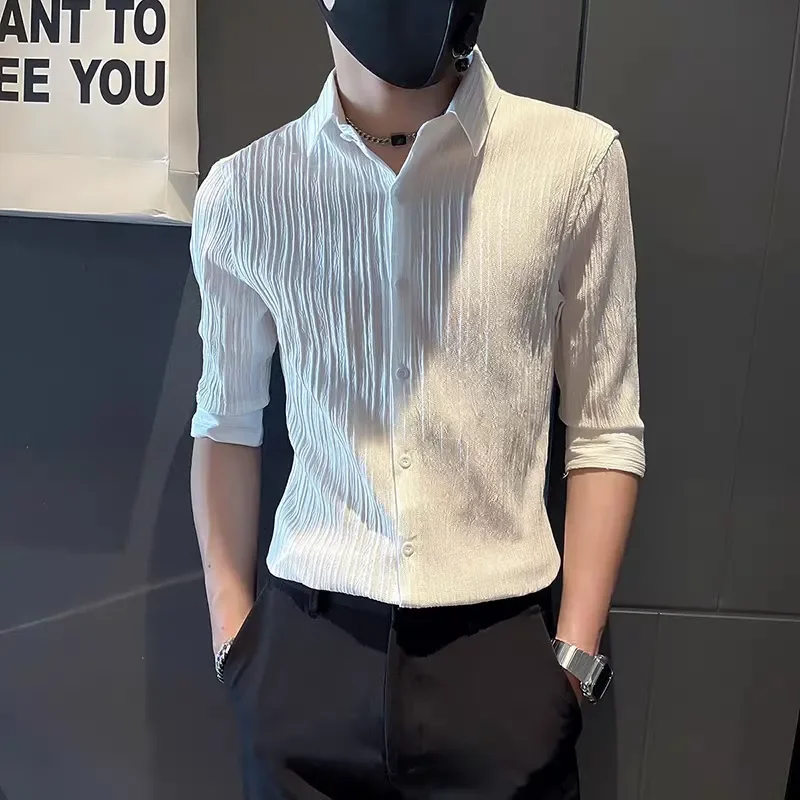 Men's Ice Silk 3/4 Sleeve Shirt Slim Fit Wrinkle Free Breathable Casual Blouse