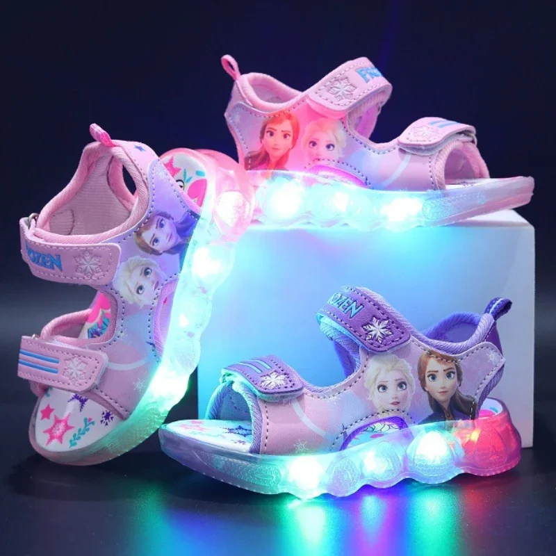 2024 Disney Boys Girls Frozen Elsa Princess Led Light Up Luminous Sports Sandals Summer Kids Sandals Non-slip Toddler Shoes