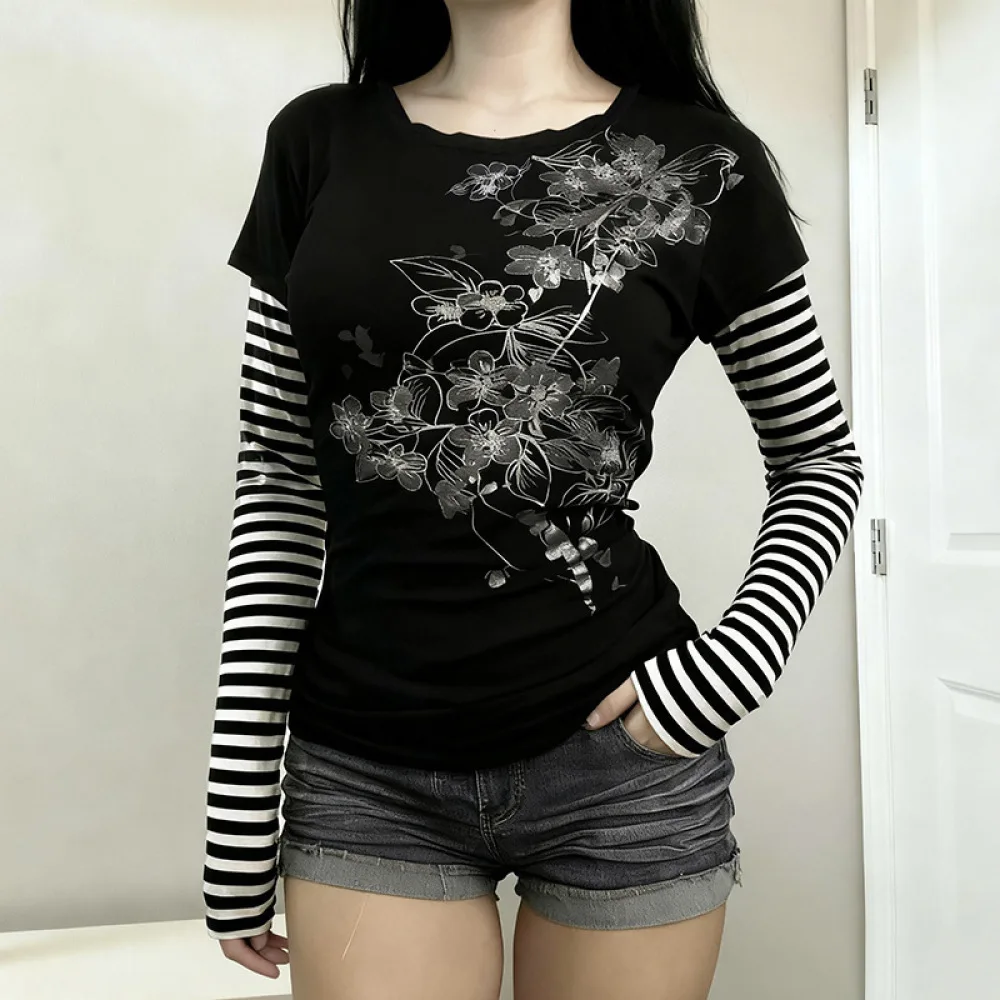 Y2K Grunge Women Fake Two Piece Long Sleeve Top Black Floral Print Tee Black White Striped Sleeve Alt Harajuku Streetwear Shirt