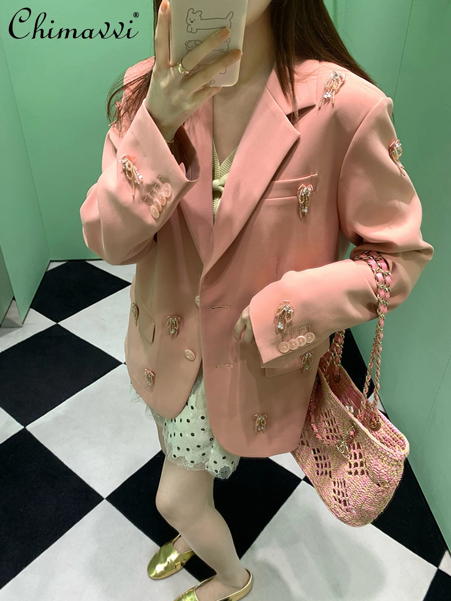 

French Style Bow Beaded Tassel Loose Blazer for Women New 2025 Autumn Fashion Long Sleeve Heavy Long Sleeve Elegant Coat