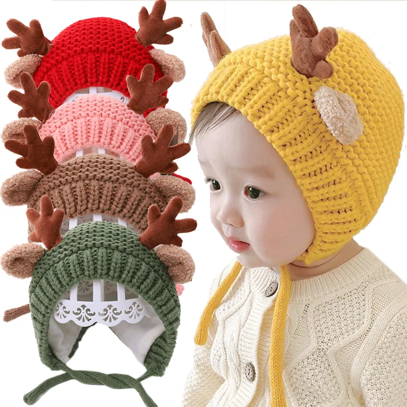 

Christmas Baby Elk Antlers Winter Hat Warm Knitted Baby Hat Boy Girl Ear Protection Cap Solid Color Children Beret Hats