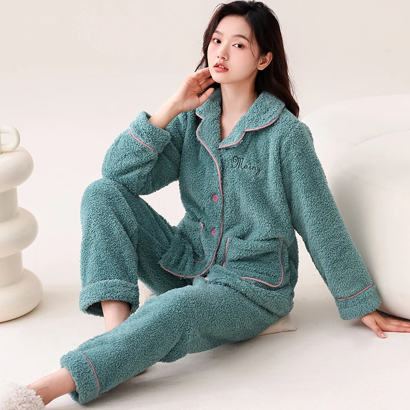 Big Size M-2XL  Women Pajama Set Winter Warm Flannel Sleepwear Turn-down Collar Nightwear