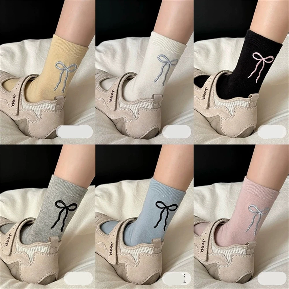 6 pairs Girls Spring Autumn Cute Casual Embroidered Bow Mid-tube Socks Women's Simple Korean Version Breathable Cotton Sock Gift