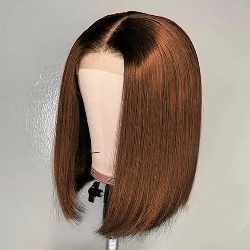 Perruques Bob sans colle droites brun chocolat 7x5, cheveux 100% humains prédécoupés # 4 Perruque frontale courte Bob 13x4 prépilée prête à porter