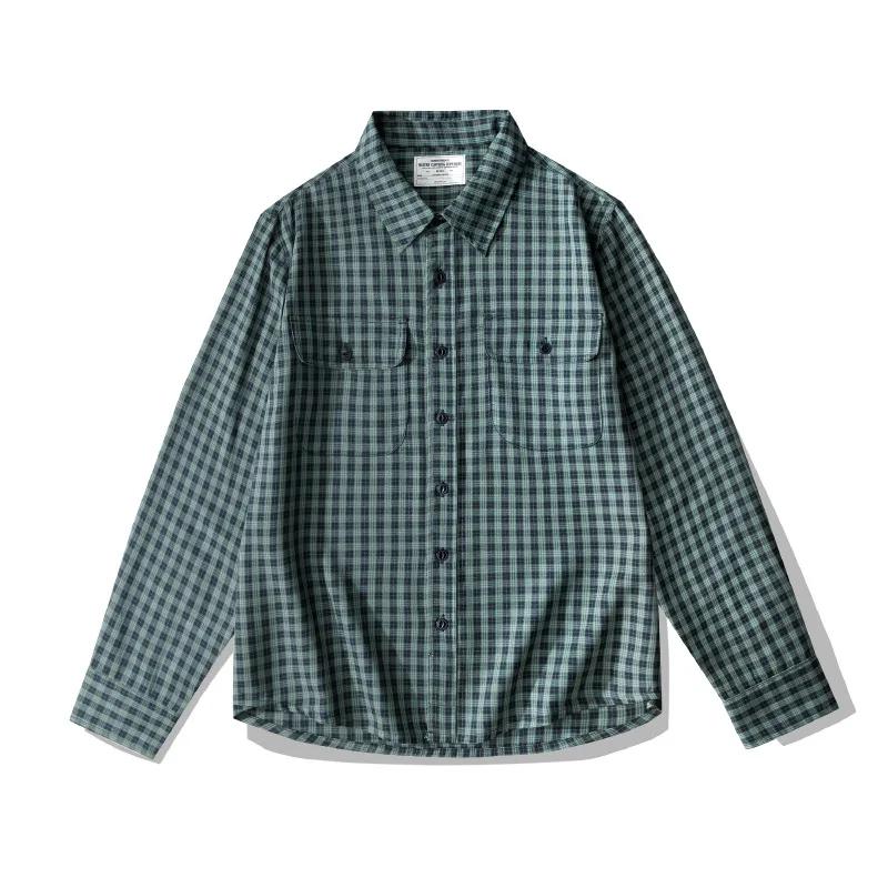 Heavy Duty Thick Checkered Shirt Light Brushed Amekhaki American Men's Retro Long Sleeve Blouse Outdoor Trekking Lovers