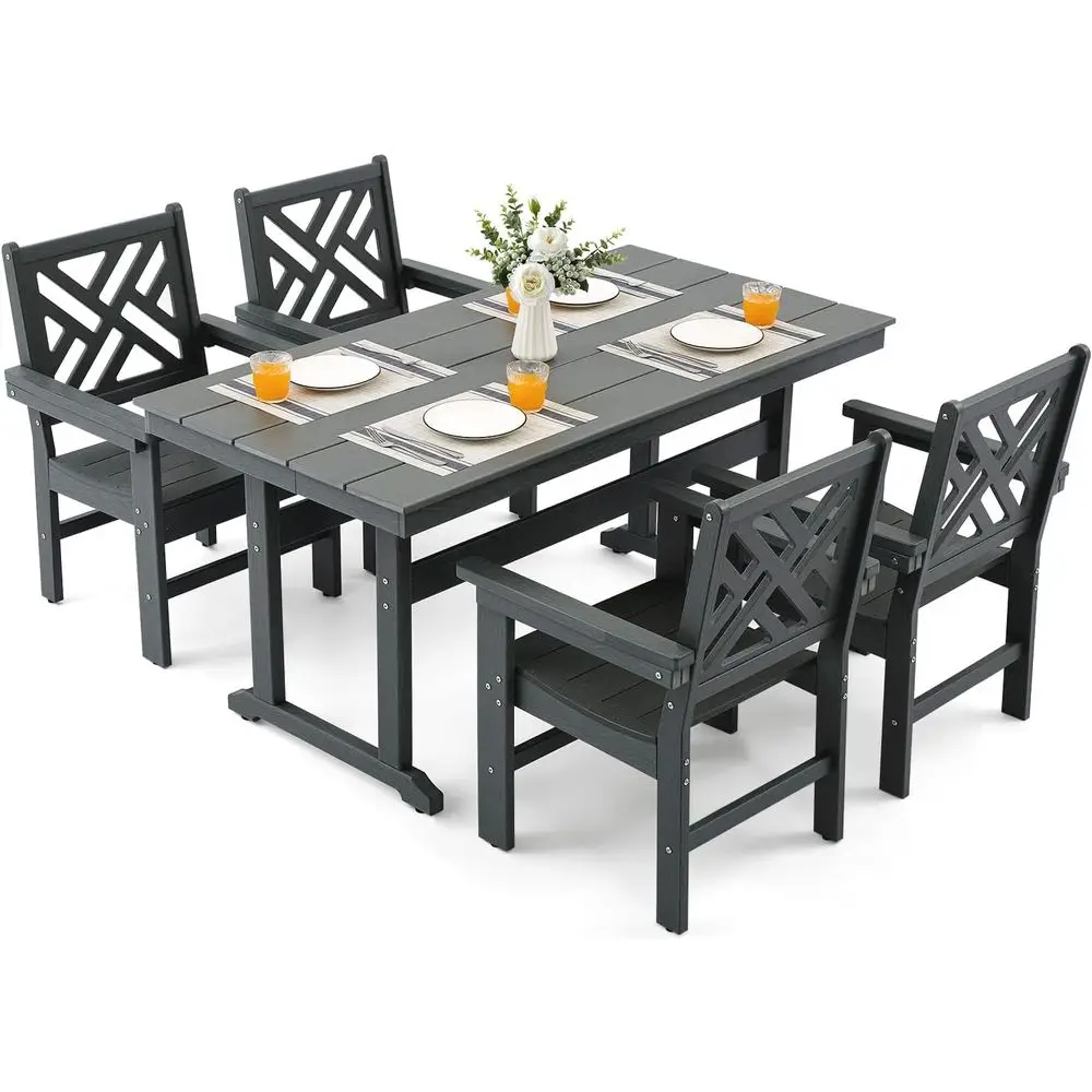 

Weather-resistant Grey Outdoor 5-Piece HDPE Dining Set with Umbrella Hole for Patio, Garden, and Poolside