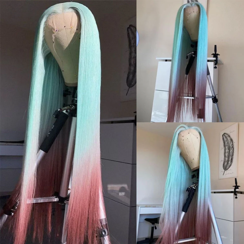 

100% человеческие волосы 13X4 Парик фронтальной части шнурка Красный Синий Ombre Объемная волна Парик для женщин Косплей Бесклеевые парики фронта шнурка с волосами ребенка