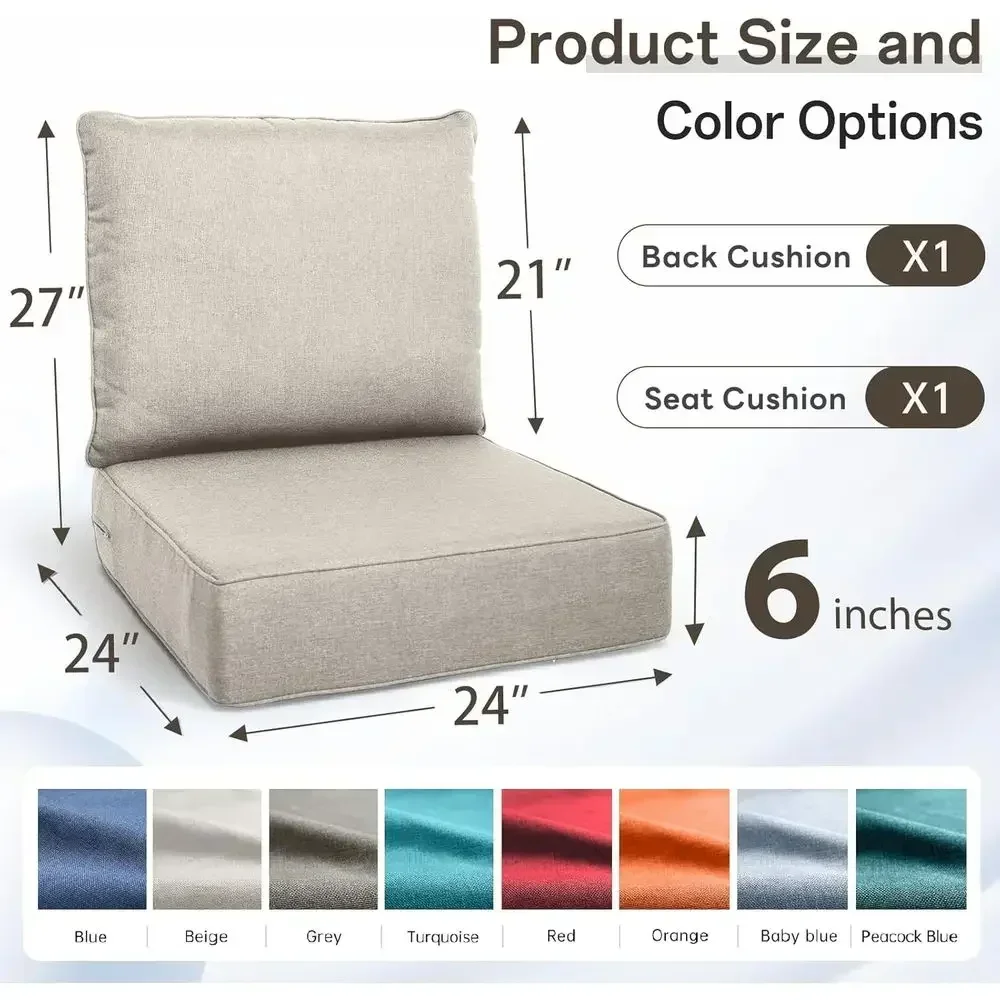 24 x 24 x 6 Inch Outdoor Seat Cushion Set - Water-Resistant, Removable Covers for Patio Chairs