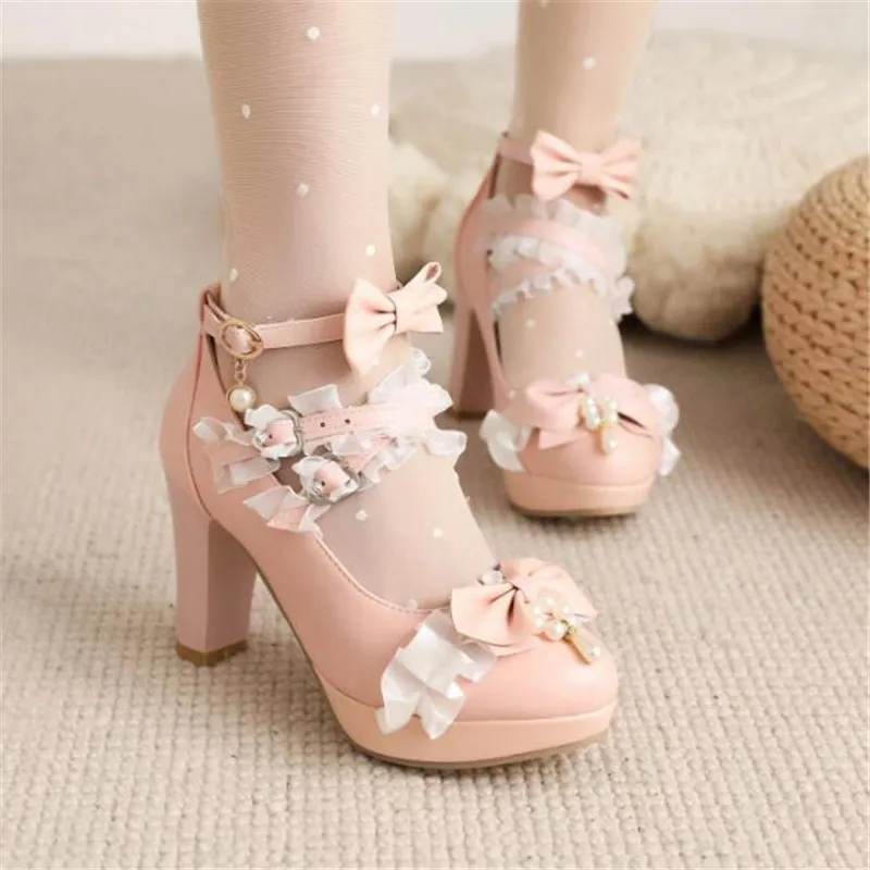 Sweet Lolita Shoes For Girls Round Toe High Heel Children Wedding Shoes Lace Kids Dance Shoe