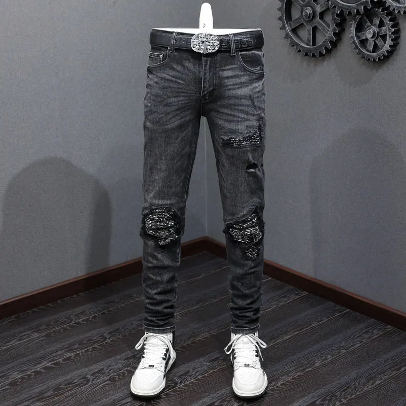 

High street fashion jeans stretch slim fit washed jeans cashew flower patch hip-hop brand designer black pants hombre