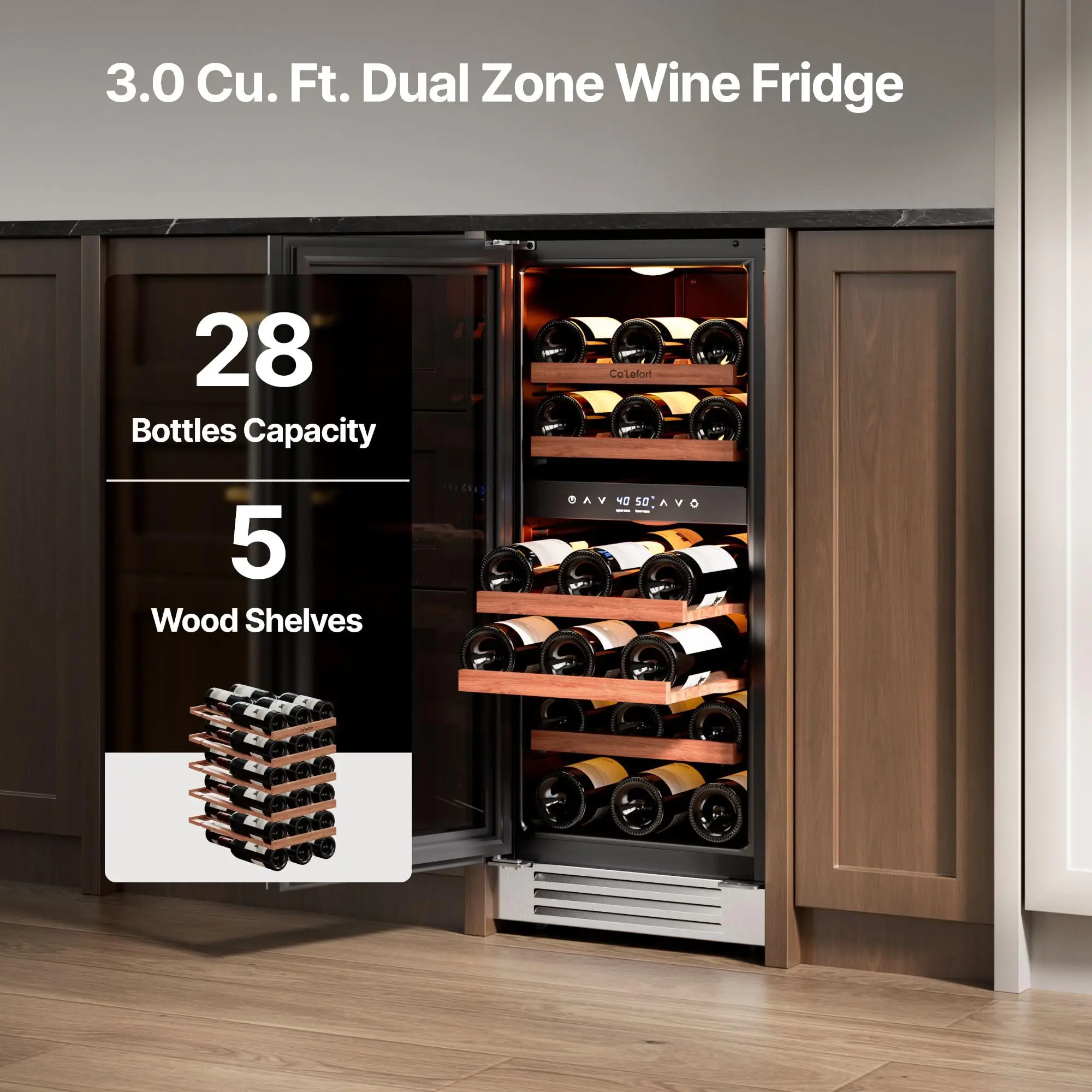 15 Inch Dual Zone Wine Fridge, 28 Bottle Built-in Wine Cooler
