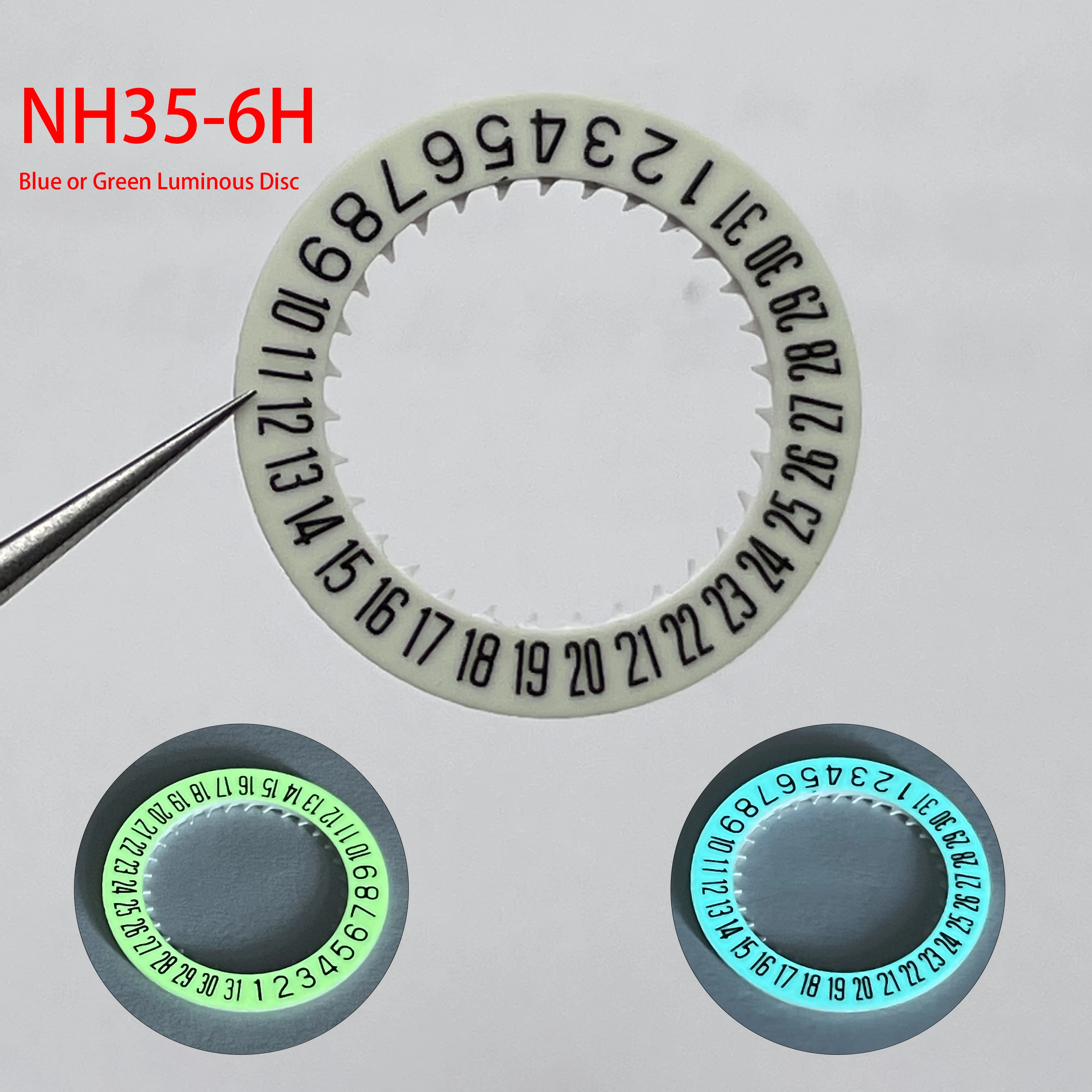 

Fit NH35 NH34 Movement Date at 6H Blue Green Luminous Crown Calendar Wheel Black Text White Date Disc For Replacement Movement