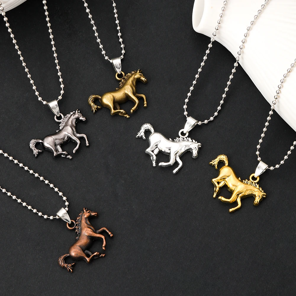 Vintage Running Horse Necklace Antique Silver Bronze Gold Plated 3D Gallop Stallion Pendant Bead Chain Western Animal Jewelry