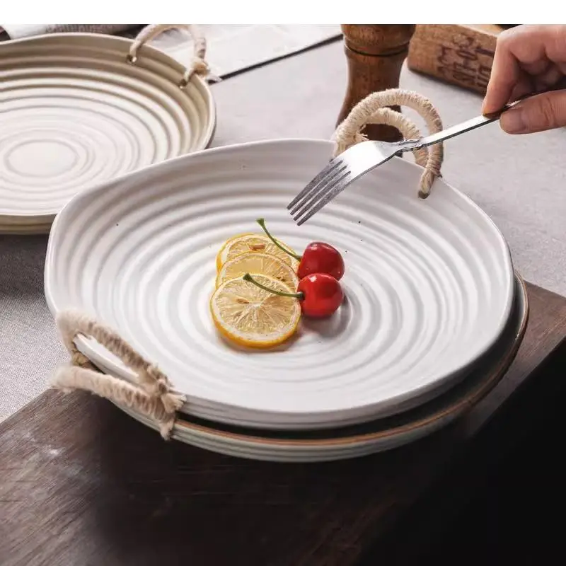 Irregular Screw Thread Ceramic Dinner Plate Double Ear Hemp Rope Salad Dessert Dish Fruit Special Tableware