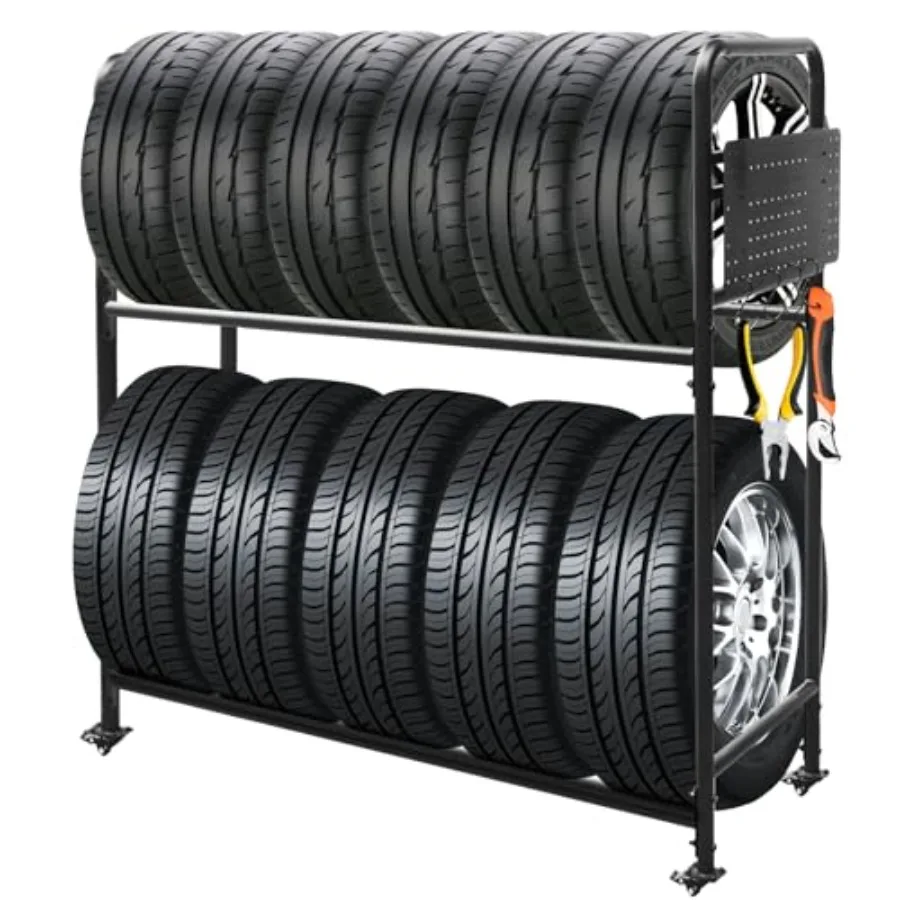 Garage Rolling Tire Rack Adjustable Metal with Foldable Heavy-Duty Hole Board 4 Self-Locking Swivel Casters 59in Height 660lb C