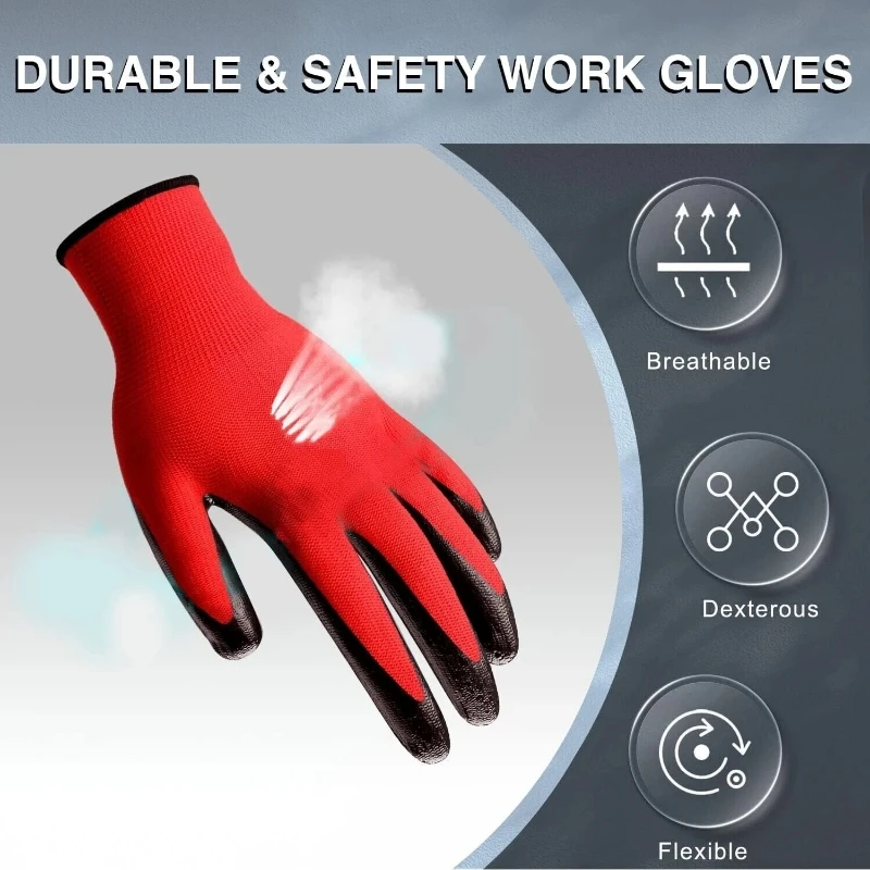 Guantes de trabajo de nailon de seguridad, guantes de trabajo con revestimiento de nitrilo de primera calidad, excelente agarre para jardinería, guantes de trabajo de protección industrial, 20 piezas