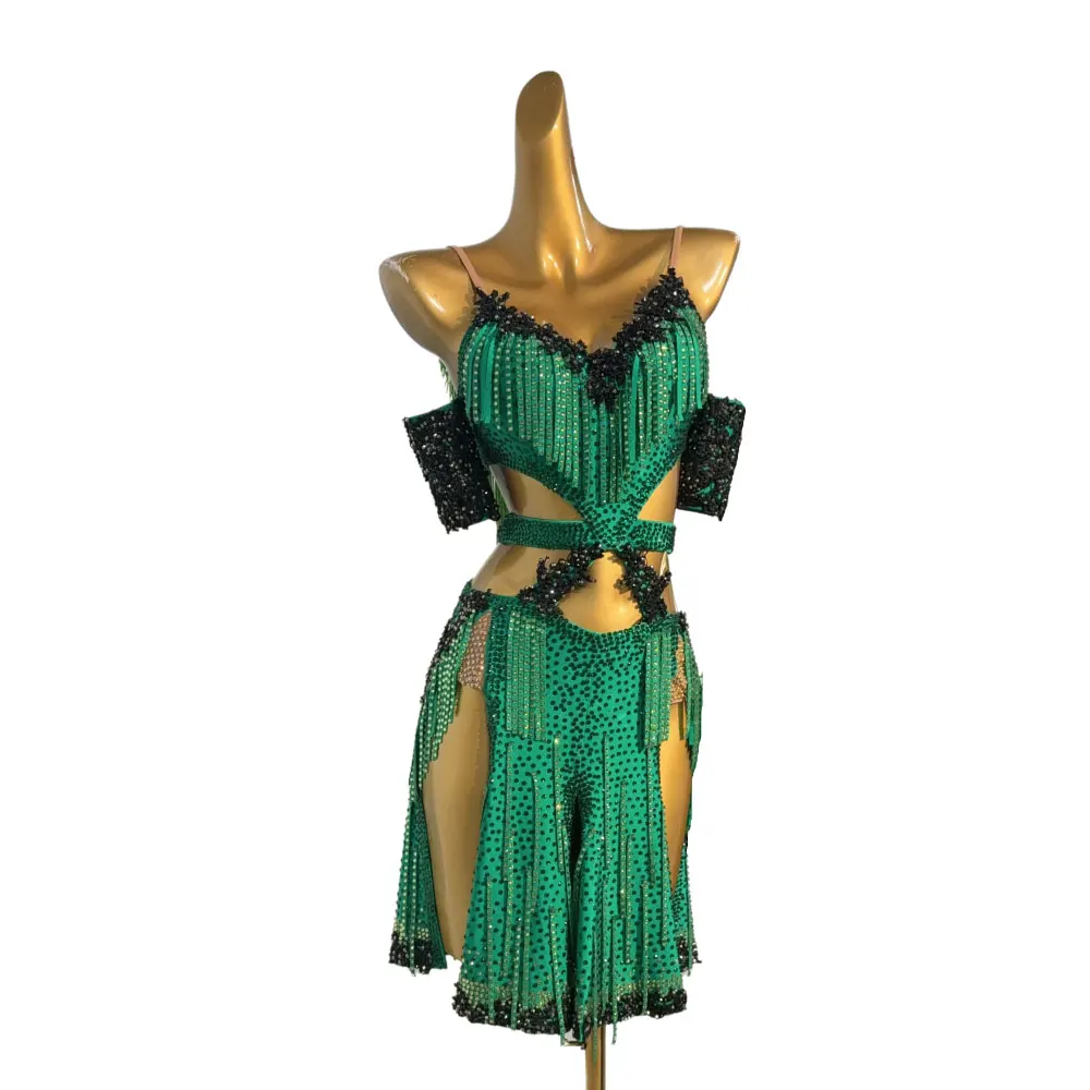 Traje de dança latina strass feminino high-end personalizado verde diamante tira saia dividida samba desempenho vestido
