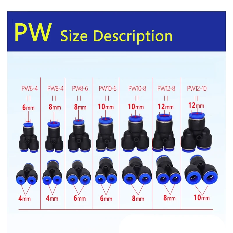 Ajuste neumático Tipo Y PW de 1 piezas, reducción en T, recta a través de acoplamientos rápidos de manguera de plástico de 4 a 12mm