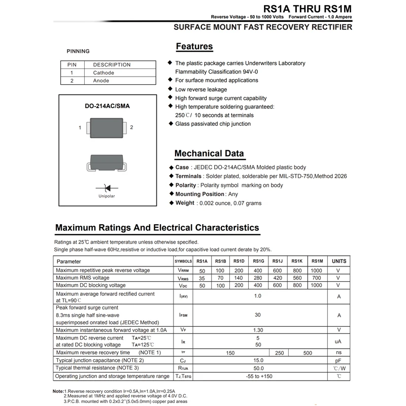 RS1M/1G FR107 50PCS SMA DO-214AC RS1M 1A 1000V High Voltage Rectification Fast Recovery Diode