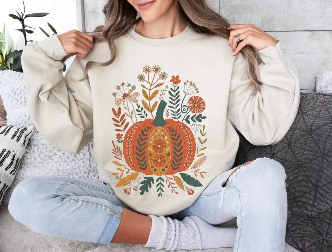 

Boho Pumpkin Sweatshirt Floral Fall Sweater Autumn Aesthetic Cozy Thanksgiving Cute Harvest Pullover Pumpkin Spice Outfit