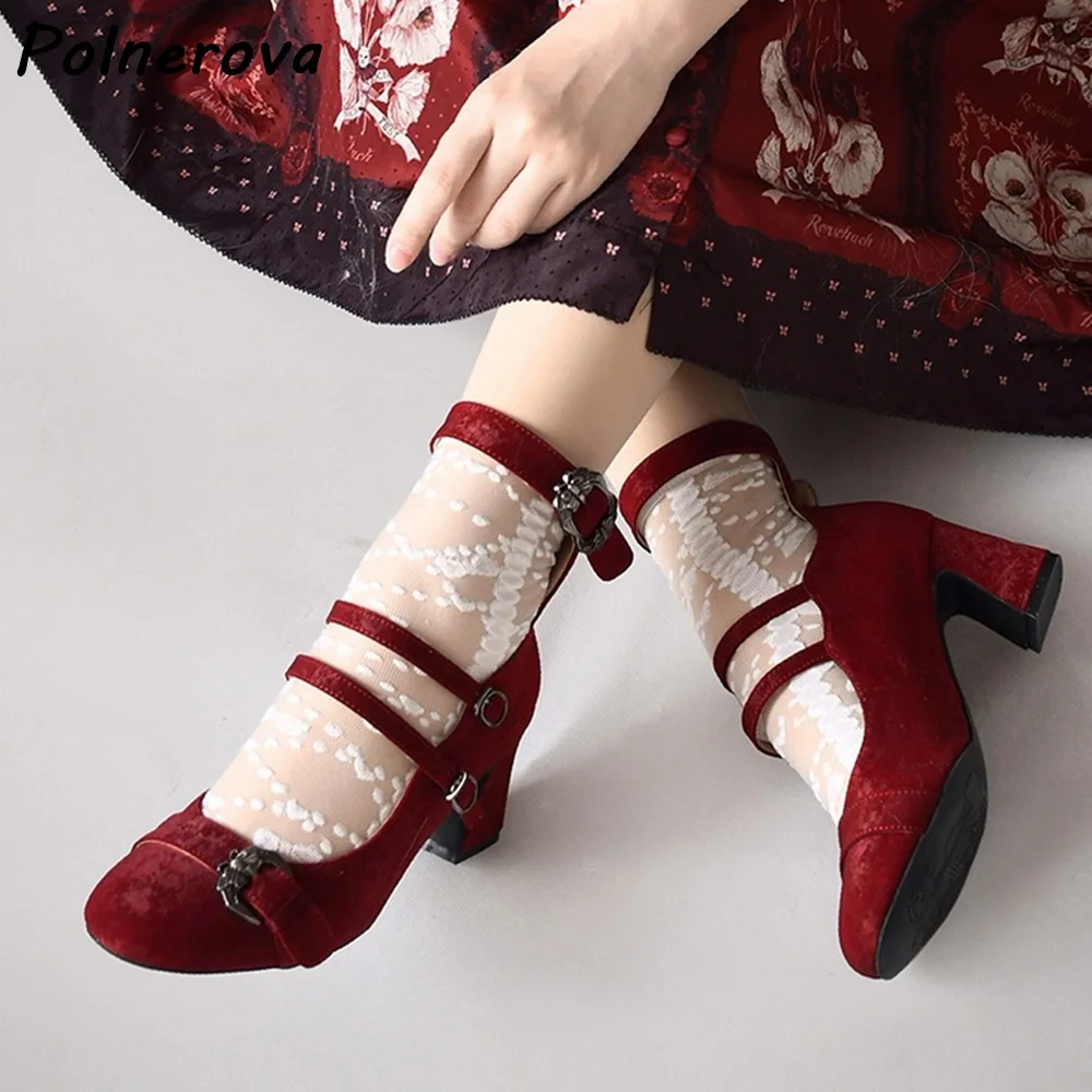 

Multi Buckle Shallow Lolita Pumps Sewing Hollow Metal Buckle Round Toe Chunky Shoes Women's Sweet Style Concise Dress Shoes