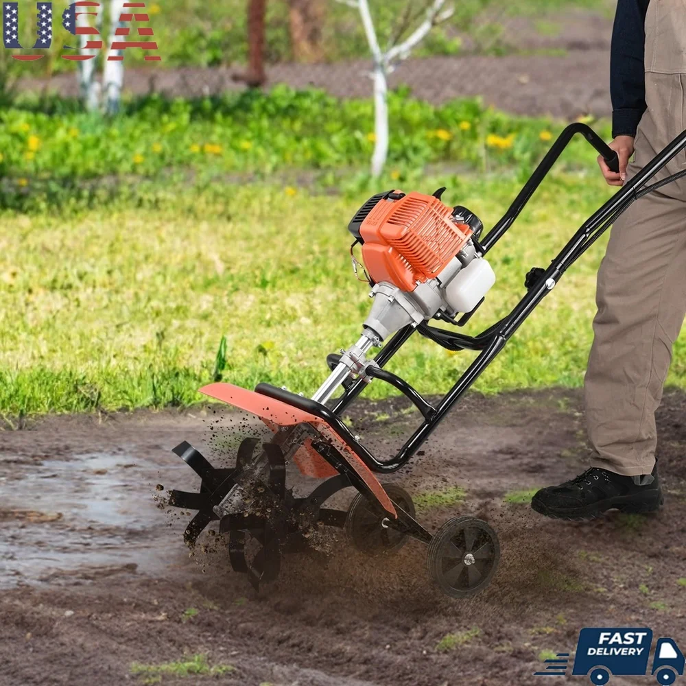 

Powerful Gas Powered Tiller Cultivator 31CC 4-Stroke Efficient Garden Tool with Adjustable Skid Assembly and Large Wheels