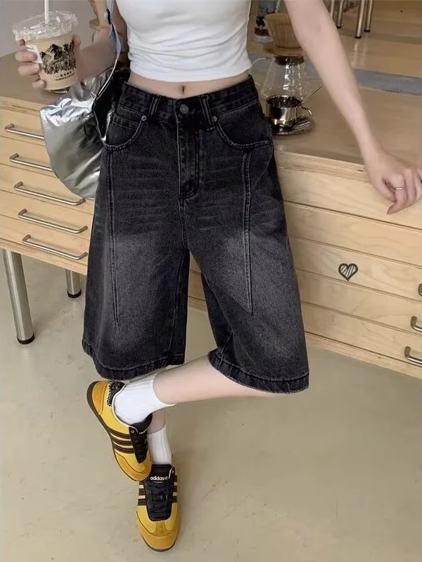 

High Waist Wide Leg Jeans Women's Spring Summer Short Black Grey Denim Straight Cut Trousers Casual Wear Zipper Closure