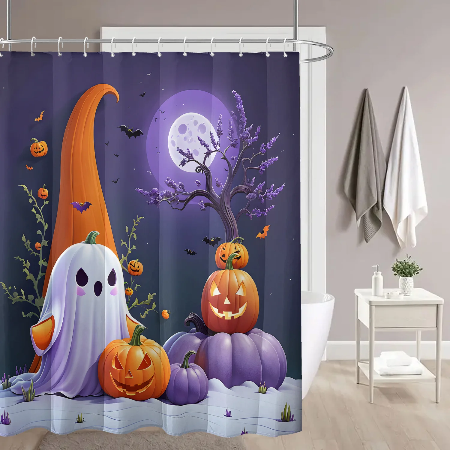 Cute Halloween Shower Curtain, Ghost in Witch Hat & Pumpkin Stack, Purple Moon Night Print, Spooky Party Decor, Waterproof