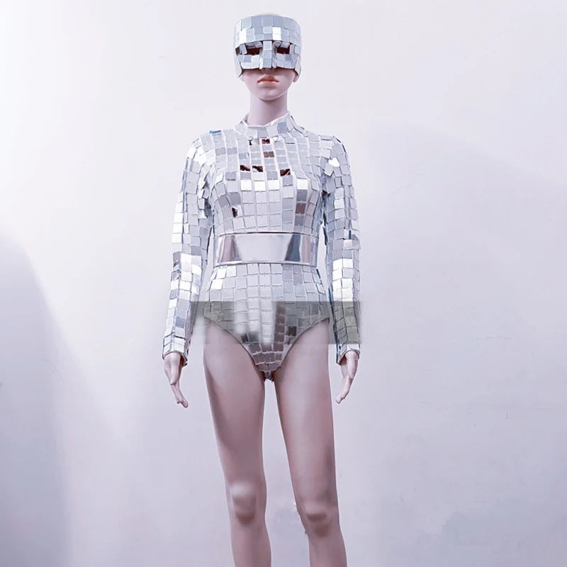 Bar Klub nocny DJ Scena Rave Strój Kostium Tancerki Gogo Kobiety Lustra Pole Dance Body Maska Złote Srebrne Okulary Ubrania XS10427